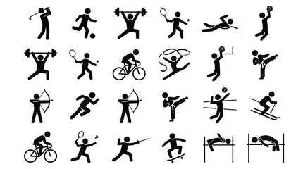 Fototapeta premium Fitness icons, sport signs, workout symbols, exercise graphics, 25 black silhouette illustrations
