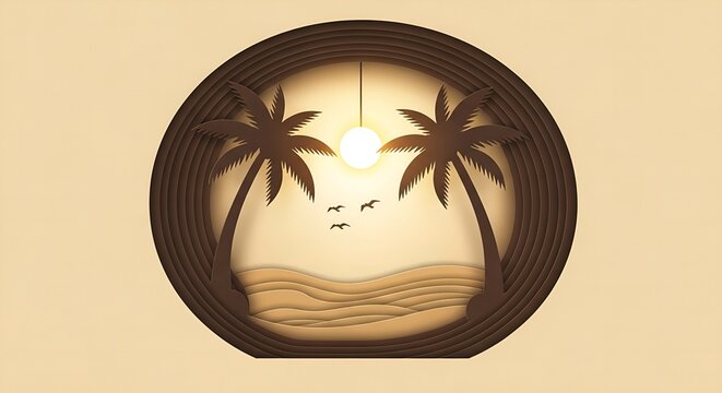 Ilustrasi pantai tropis dengan dua pohon kelapa, ombak dan burung terbang dalam bingkai lingkaran, gaya seni potongan kertas yang tenang dan estetik
