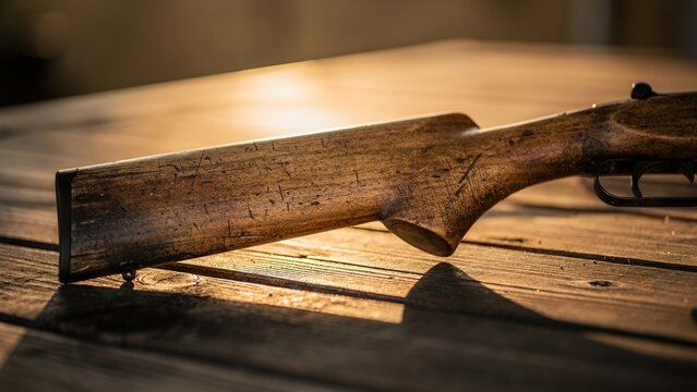 Rifle stock on wooden table.