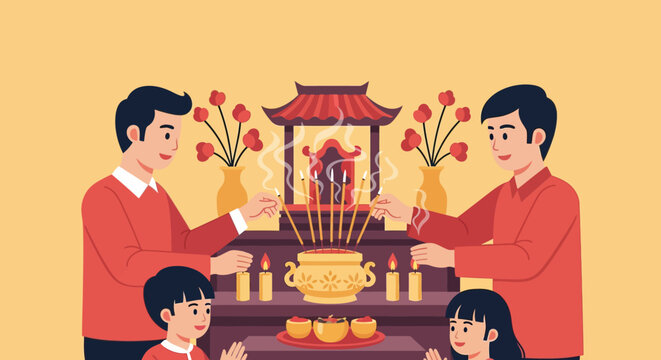 Family preparing altar for traditional religious offering and ritualistic ceremony