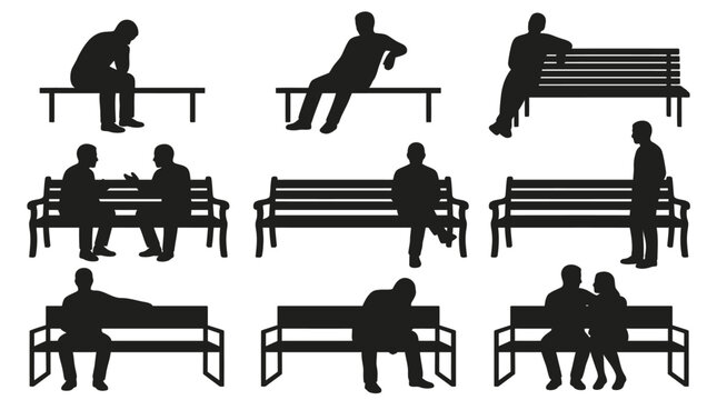 People sitting on benches, black silhouettes, vector icons, people icons, bench icons