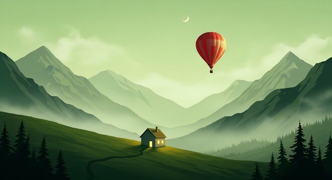 Balon udara merah melayang di langit lembut, rumah kecil di bukit hijau dan pegunungan berkabut, pemandangan damai dan penuh mimpi

