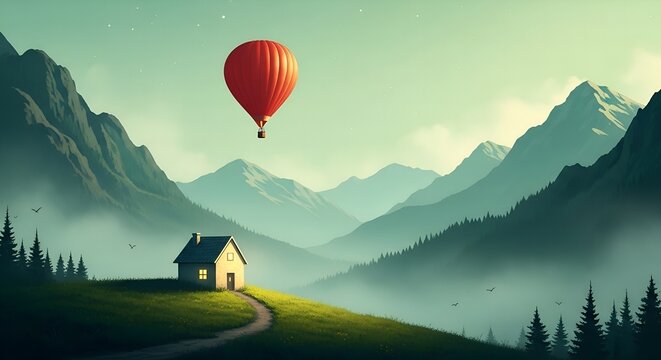 Balon udara merah melayang tenang di atas rumah kecil di bukit hijau, pemandangan pegunungan berkabut yang damai dan indah
