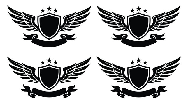 Winged shield logos, crest emblems, black vector icons, shield with wings, banner labels