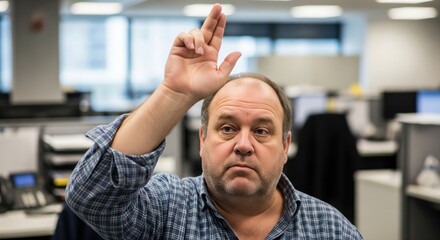 Obraz premium Serious Mature Businessman Raising Hand With Two Fingers Up In Blurry Corporate Office