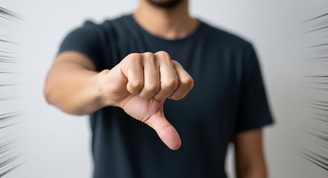 Close Up Of Man Hand Giving Thumbs Down Gesture With Dramatic Graphic Speed Lines