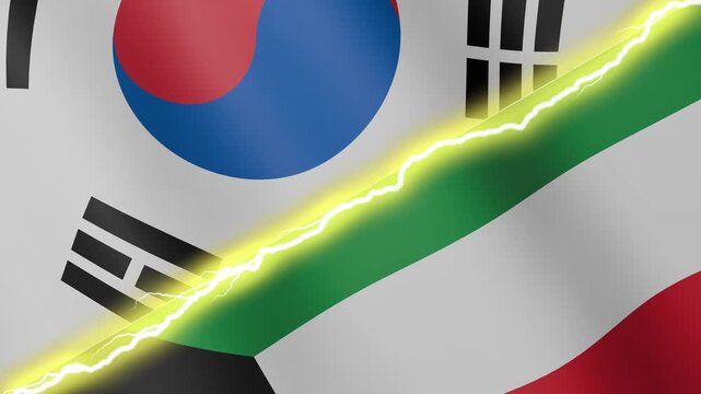 Two waving flags South Korea and Kuwait with diagonal lightning seamless, 4k loop
