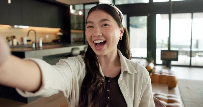 Face, Asian woman and selfie in home, peace sign and social media post for memory with POV. Portrait, photography and person at house with profile picture, v gesture and smile for status update