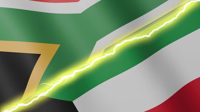 Two waving flags South Africa and Kuwait with diagonal lightning seamless, 4k loop