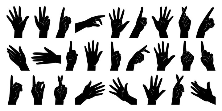 Hands Gesture Set with Various Signs and Symbols in Black Silhouette Style Featuring Gestures, Communication, Finger Gestures with Body Language And