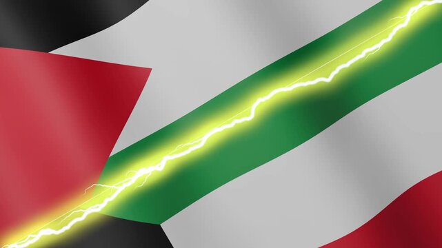 Two waving flags Palestine and Kuwait with diagonal lightning seamless, 4k loop