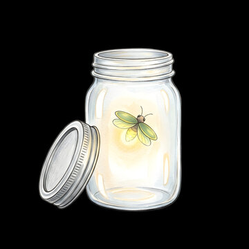 Glowing firefly in glass jar for magical childhood memory and summer