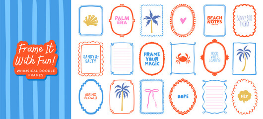 Obraz na płótnie Canvas Whimsical summer frames with wavy borders and decorative doodle elements. Hand-drawn coastal illustration perfect for wedding invitations, postcards, or beach-themed designs.