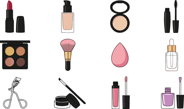 Set of cosmetic makeup and beauty care product color line icons isolated on white background for salon visage fashion concept vectors