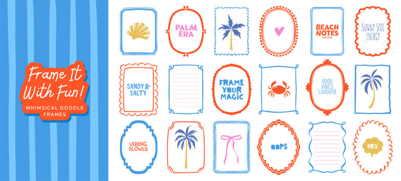Whimsical summer frames with wavy borders and decorative doodle elements. Hand-drawn coastal illustration perfect for wedding invitations, postcards, or beach-themed designs.