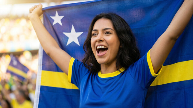 Smiling Curacao soccer supporter cheering with country flag at stadium