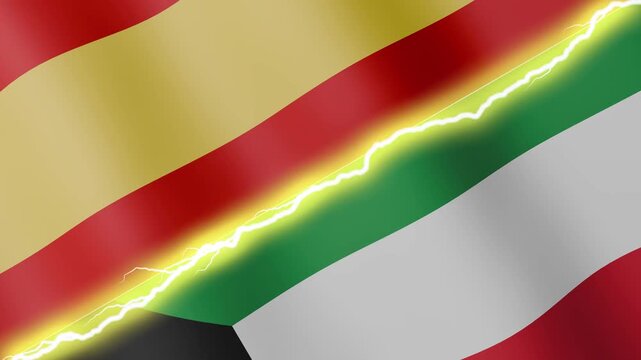 Two waving flags Spain and Kuwait with diagonal lightning seamless, 4k loop