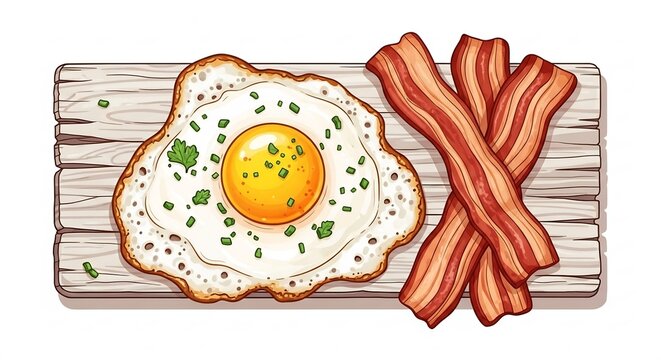 Vector illustration of a fried egg and bacon strips on wood.