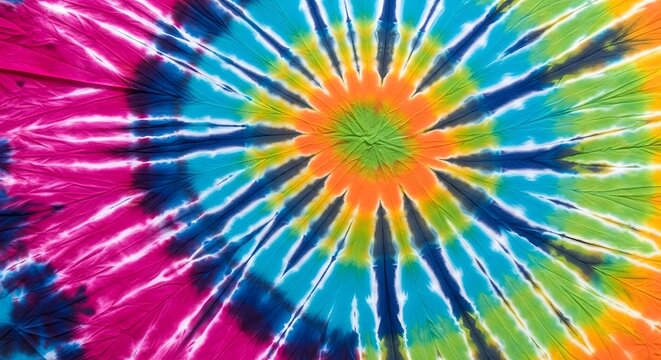 Vibrant colorful spiral tie-dye pattern background with bright rainbow colors in retro psychedelic hippie style