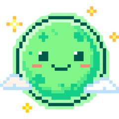 Fototapeta premium A smiling green pixelated character floats in the air surrounded by sparkles and clouds.