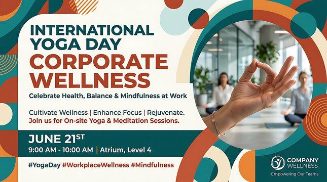 Corporate wellness yoga event flyer with office meditation session, corporate