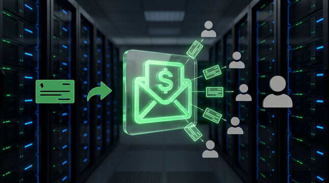 Digital fintech concept of electronic money transfer and payment processing with green glowing icons and dollar sign in a modern server room data center