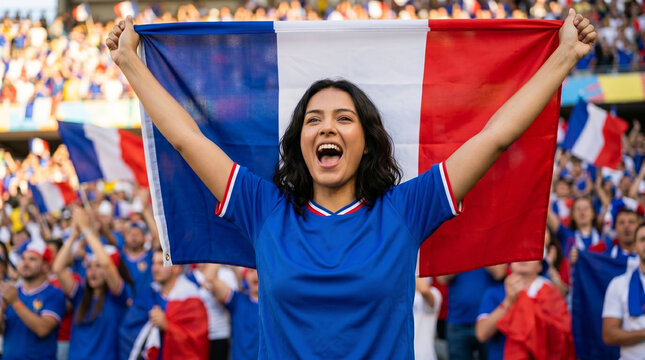 Cheerful French soccer supporter holding France flag in stadium crowd