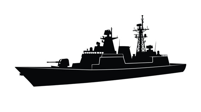 Warship, military ship, naval vessel, destroyer silhouette, black icon
