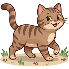 Fototapeta premium A cartoon cat stands on dirt with grass and looks happy outdoors