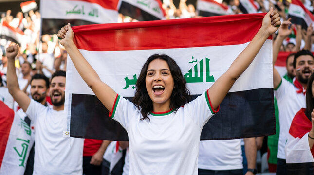 Joyful Iraqi soccer supporter holding Iraq flag cheering at stadium
