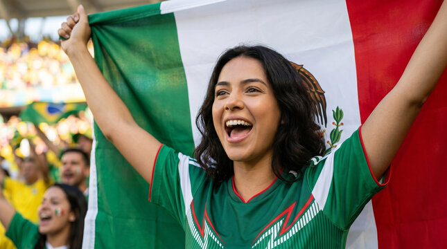 Cheerful Mexican football fan holding Mexico flag in stadium crowd