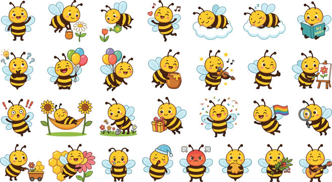 Cute Cartoon Bee Character Sticker Set with Funny Expressions, Honey, Flowers, Music, and Various Poses for Kids and Nature Designs