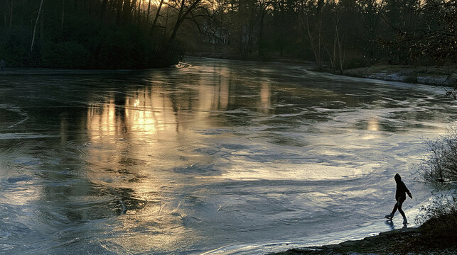 Solitary Ice Skating Journey on a Winter River at Sunset &ndash; A Tranquil Outdoor Exploration