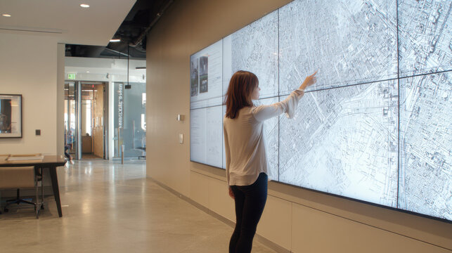 A young woman standing and pointing at a large digital screen display with data graphics in a modern bright office environment during her workday