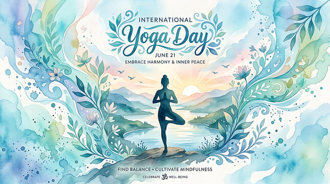 International yoga day artistic flyer watercolor landscape silhouette design