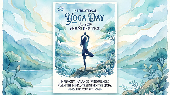 International yoga day vertical poster watercolor landscape meditation scene