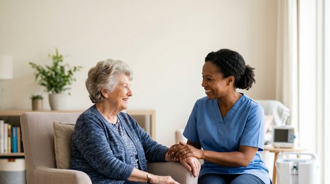 Healthcare Worker Supporting Elderly Person at Home With Modern Technology Visible