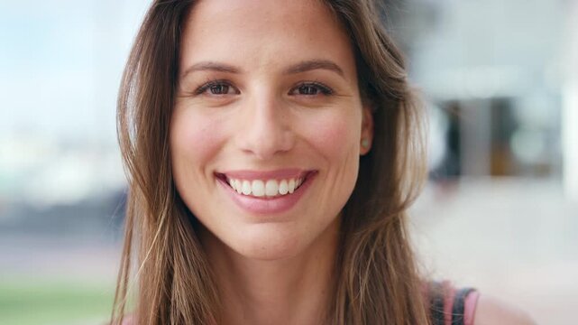 Happy, woman and face of student in city with confidence for college education with scholarship. Smile, outdoor and portrait of female person with pride for university opportunity in urban town.
