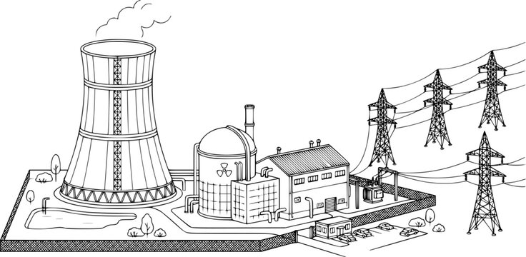 Line drawing of a nuclear power plant with cooling tower and transmission lines in a flat vector style isolated on white background
