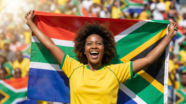 Happy South African soccer fan holding national flag cheering at stadium