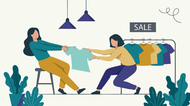 Illustration of women in tug-of-war over t-shirt during clothing sale