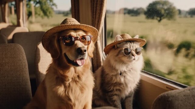 A funny dog and a cat in sunglasses are travelling together by train with luggage.