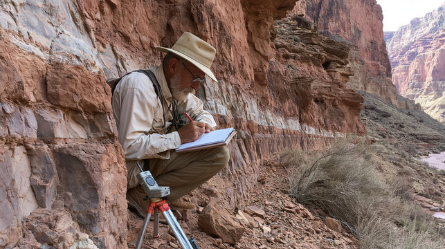<Geologist Conducting Fieldwork: Topography and Erosion Studies in Canyonlands>
