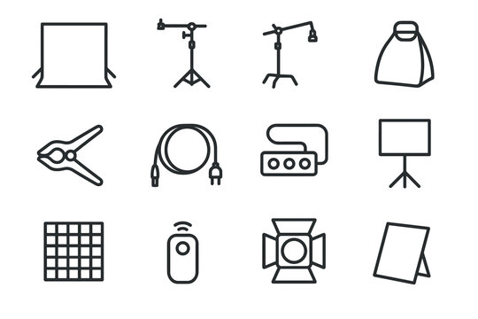 Monochrome Studio Icons. Studio setup monochrome. Line outline icon set of studio setup monochrome: backdrop,