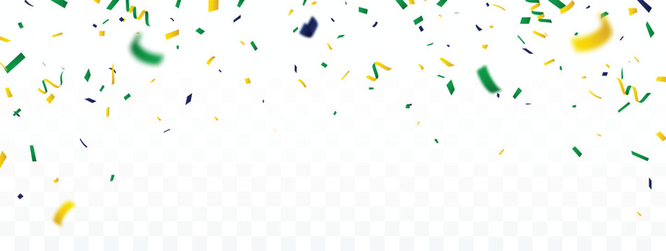 Falling brazilian celebration confetti, green, yellow and blue color template banner 