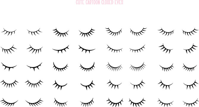 Vector set of simple cartoon closed eyes. Minimal eyelash silhouette elements. Clean sleeping lash line art symbols for web and print graphics vector illustration