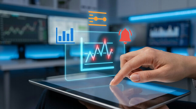Professional analyzing financial market data and trading statistics on futuristic digital tablet with holographic interface and glowing charts