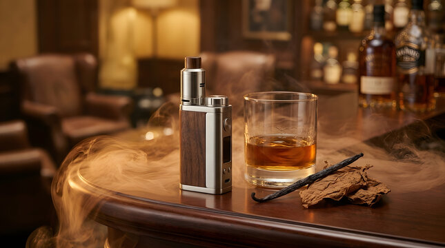 High end wood finish vape mod with whiskey and tobacco in a bar