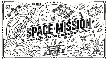 Space Mission Exploration and Discovery Line Art - Rocket, Astronaut, Rover, Planets © Jeni
