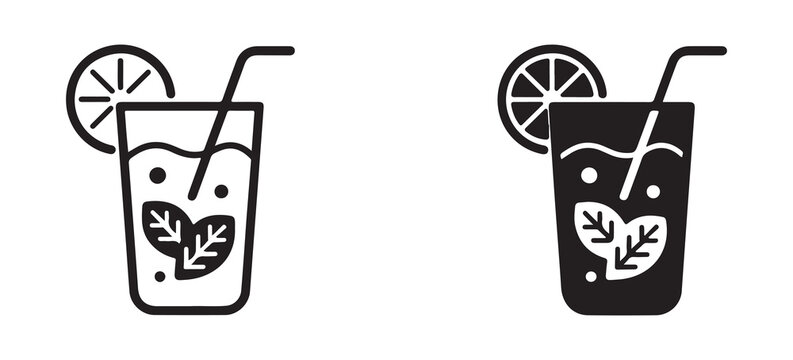 Mojito Cocktail Icon Set with Lime and Mint Leaves in Outline and Solid Styles